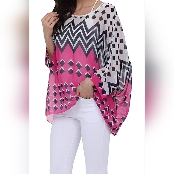 chiffon poncho casual loose blouse with batwing sleeves one size NWOT - Picture 8 of 13